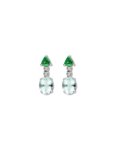 Pendientes Oro Blanco, Aguamarina, Tsavorita Y Diamantes