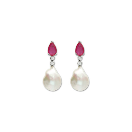 Pendientes Oro Blanco, Diamantes, Rubí Y Perla. Género: Mujer. Material: Oro blanco. Piedras: Rubies,Perlas