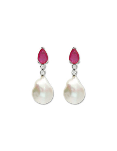 Pendientes Oro Blanco, Diamantes, Rubí Y Perla
