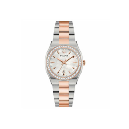 Reloj Bulova Surveyor Lady 98R283. Género: Mujer. Material: Acero. Tamaño: Menos de 32mm. Correa: Acero. Color esfera: Madreperla. Estilo: Cocktail,Clásico. Movimiento: Cuarzo. Características técnicas: Hora y segundero,Calendario