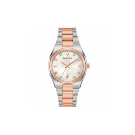 Reloj Bulova Surveyor Lady 98P199. Género: Mujer. Material: Acero/Oro. Tamaño: De 32mm a 38mm. Correa: Acero. Color esfera: Madreperla. Estilo: Clásico,Cocktail. Movimiento: Cuarzo. Características técnicas: Hora y segundero,Calendario