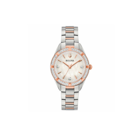 Reloj Bulova Sutton Lady 98R281. Género: Mujer. Material: Acero/Oro. Tamaño: De 32mm a 38mm. Correa: Acero. Color esfera: Madreperla. Estilo: Cocktail,Clásico. Movimiento: Cuarzo. Características técnicas: Hora y segundero