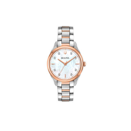Reloj Bulova Sutton Lady 98P183. Género: Mujer. Material: Acero/Oro. Tamaño: De 32mm a 38mm. Correa: Acero. Color esfera: Madreperla. Estilo: Cocktail,Clásico. Movimiento: Cuarzo. Características técnicas: Hora y segundero