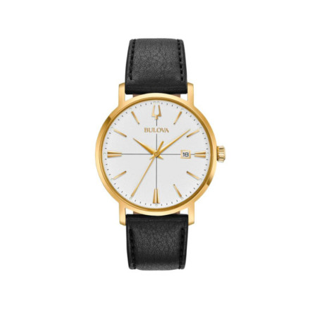 Reloj Bulova Aerojet 97B172. Género: Hombre. Material: Acero. Tamaño: De 39mm a 42mm. Correa: Piel. Color esfera: Blanco. Estilo: Clásico,Cocktail. Movimiento: Cuarzo. Características técnicas: Hora y segundero,Calendario