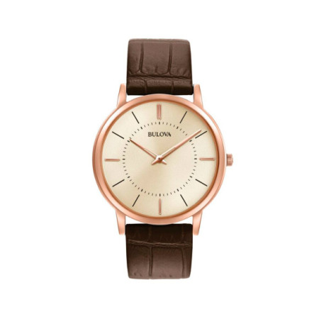 Reloj Bulova Ultra Slim 97A126. Género: Hombre. Material: Acero. Tamaño: De 43mm a 46mm. Correa: Piel. Color esfera: Champagne. Estilo: Clásico,Cocktail. Movimiento: Cuarzo. Características técnicas: Solo hora