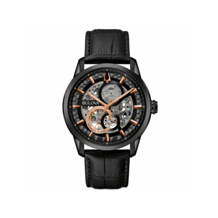 Reloj Bulova Sutton Scheleton 98A283. Género: Hombre. Material: Acero. Tamaño: De 43mm a 46mm. Correa: Piel. Color esfera: Negro. Estilo: Casual. Movimiento: Automático. Características técnicas: Hora y segundero