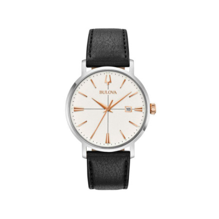 Reloj Bulova Aerojet 98B254. Género: Hombre. Material: Acero. Tamaño: De 39mm a 42mm. Correa: Piel. Color esfera: Blanco. Estilo: Cocktail,Clásico. Movimiento: Cuarzo. Características técnicas: Hora y segundero,Calendario