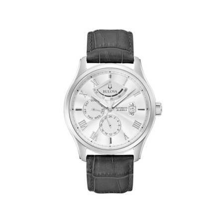 Reloj Bulova Wilton Power Reserve 96C141. Género: Hombre. Material: Acero. Tamaño: De 43mm a 46mm. Correa: Piel. Color esfera: Plata. Estilo: Clásico,Cocktail. Movimiento: Automático. Características técnicas: Hora y segundero,Calendario