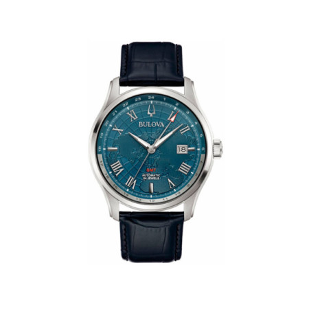 Reloj Bulova Wilton GMT 96B385. Género: Hombre. Material: Acero. Tamaño: De 43mm a 46mm. Correa: Piel. Color esfera: Azul. Estilo: Cocktail,Clásico. Movimiento: Automático. Características técnicas: Hora y segundero,Calendario,Doble uso horario
