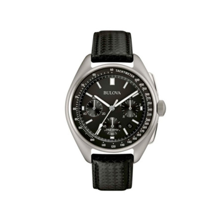 Reloj Bulova Lunar Pilot 96B251. Género: Hombre. Material: Acero. Tamaño: De 43mm a 46mm. Correa: Piel. Color esfera: Negro. Estilo: Casual. Movimiento: Cuarzo. Características técnicas: Hora y segundero,Calendario,Cronógrafo