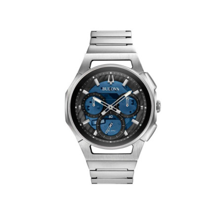 Reloj Bulova Curv Progressive 96A205. Género: Hombre. Material: Acero. Tamaño: De 43mm a 46mm. Correa: Acero. Color esfera: Azul. Estilo: Casual. Movimiento: Cuarzo. Características técnicas: Hora y segundero,Cronógrafo