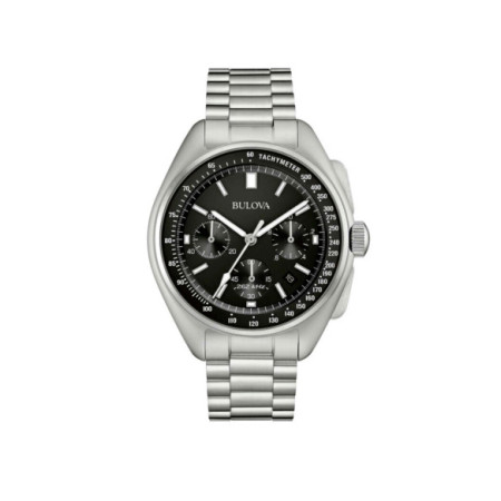 Reloj Bulova Lunar Pilot 96B258. Género: Hombre. Material: Acero. Tamaño: De 43mm a 46mm. Correa: Acero. Color esfera: Negro. Estilo: Casual. Movimiento: Cuarzo. Características técnicas: Hora y segundero,Calendario,Cronógrafo