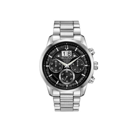 Reloj Bulova Sutton Big Date 96B319. Género: Hombre. Material: Acero. Tamaño: De 43mm a 46mm. Correa: Acero. Color esfera: Negro. Estilo: Casual. Movimiento: Cuarzo. Características técnicas: Hora y segundero,Calendario,Cronógrafo