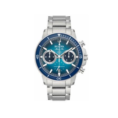 Reloj Bulova Marine Star Crono 96B380. Género: Hombre. Material: Acero. Tamaño: De 43mm a 46mm. Correa: Acero. Color esfera: Azul. Estilo: Casual. Movimiento: Cuarzo. Características técnicas: Hora y segundero,Calendario,Cronógrafo