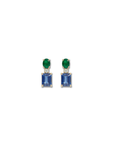 Pendientes Oro Amarillo, Esmeralda, Diamante Y Cianita