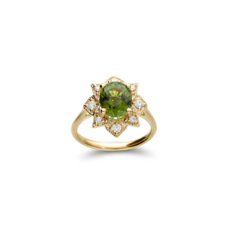 Anillo Oro Amarillo, Turmalina Y Diamantes. Género: Mujer. Material: Oro amarillo. Piedras: Diamantes,Turmalinas
