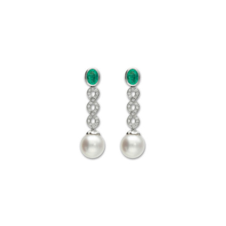 Pendientes Oro Blanco, Esmeralda, Diamantes Y Perla Australiana. Género: Mujer. Material: Oro blanco. Piedras: Esmeraldas,Diamantes,Perlas