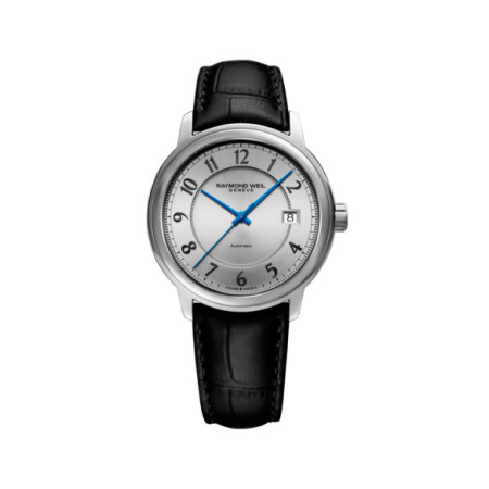Reloj Raymond Weil Maestro 2237-STC-05658. Género: Hombre. Material: Acero. Tamaño: De 39mm a 42mm. Correa: Piel. Color esfera: Plata. Estilo: Clásico,Cocktail. Movimiento: Automático. Características técnicas: Hora y segundero,Calendario,Reserva de marcha