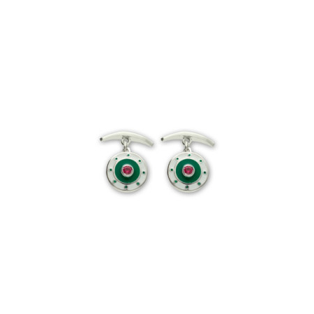Gemelos Plata, Rubí, Esmalte Blanco Y Verde. Género: Hombre. Material: Plata. Piedras: Rubies