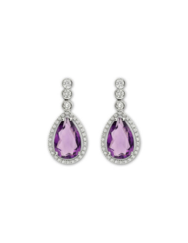 Pendientes Oro Blanco, Amatista Y Diamantes