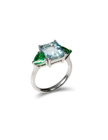 Anillo Oro Blanco, Aguamarina y Tsavoritas