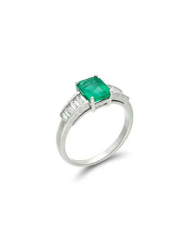 Anillo Oro Blanco, Esmeralda Y Diamantes