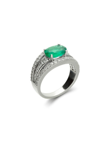 Anillo Oro Blanco, Esmeralda Y Diamantes