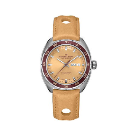 Reloj Hamilton American Classic Pan Europ Day Date Auto H35435820. Género: Hombre. Material: Acero. Tamaño: De 39mm a 42mm. Correa: Piel. Color esfera: Beige. Estilo: Deportivo. Movimiento: Automático. Características técnicas: Hora y segundero,Calendario,Reserva de marcha