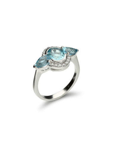 Anillo Oro Blanco, Aguamarinas Y Diamantes