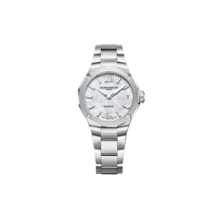 Reloj Baume Et Mercier Riviera M0A10729. Género: Mujer. Material: Acero. Tamaño: De 32mm a 38mm. Correa: Acero. Color esfera: Nácar. Estilo: Clásico,Cocktail. Movimiento: Cuarzo. Características técnicas: Solo hora,Calendario