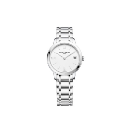 Reloj Baume et Mercier Classima M0A10335. Género: Mujer. Material: Acero. Tamaño: Menos de 32mm. Correa: Acero. Color esfera: Blanco. Estilo: Cocktail,Clásico. Movimiento: Cuarzo. Características técnicas: Solo hora,Calendario