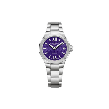Reloj Baume et Mercier Riviera M0A10728. Género: Mujer. Material: Acero. Tamaño: De 32mm a 38mm. Correa: Acero. Color esfera: Morada. Estilo: Cocktail. Movimiento: Automático. Características técnicas: Solo hora,Calendario