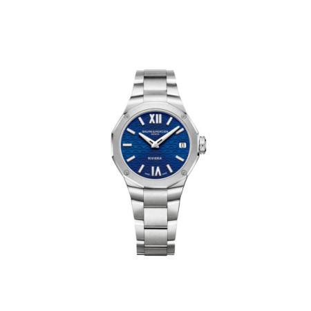 Reloj Baume et Mercier Riviera M0A10727. Género: Mujer. Material: Acero. Tamaño: De 32mm a 38mm. Correa: Acero. Color esfera: Azul. Estilo: Cocktail. Movimiento: Cuarzo. Características técnicas: Hora y segundero,Calendario