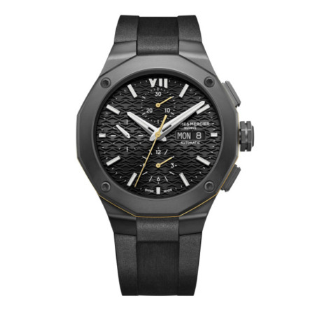 Reloj Baume et Mercier Riviera M0A10625. Género: Hombre. Material: Acero. Tamaño: De 43mm a 46mm. Correa: Caucho. Color esfera: Negro. Estilo: Deportivo. Movimiento: Automático. Características técnicas: Calendario,Hora y segundero,Reserva de marcha