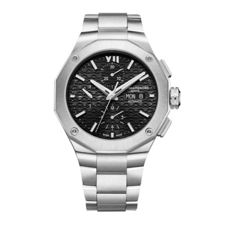 Reloj Baume et Mercier Riviera M0A10624. Género: Hombre. Material: Acero. Tamaño: De 43mm a 46mm. Correa: Acero. Color esfera: Negro. Estilo: Casual. Movimiento: Automático. Características técnicas: Reserva de marcha,Hora y segundero,Calendario,Cronógrafo