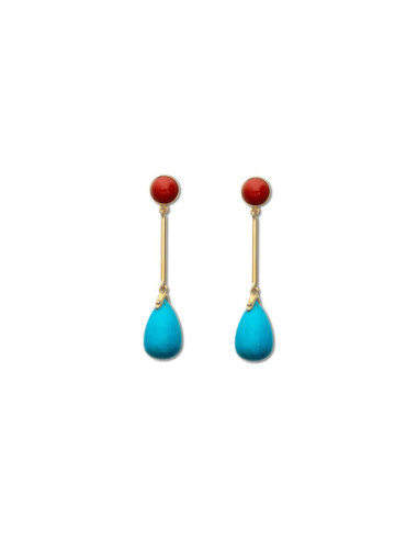 Pendientes Oro Amarillo, Coral Y Turquesa