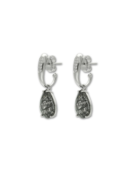 Pendientes Oro Blanco, Diamantes Y Cuarzo Rutilado