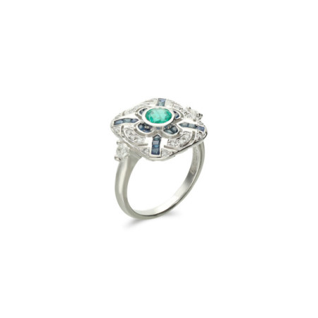 Anillo Oro Blanco, Diamantes, Esmeralda y Zafiros. Género: Mujer. Material: Oro blanco. Piedras: Diamantes,Esmeraldas,Zafiros