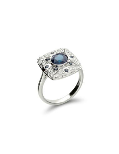 Anillo Oro Blanco, Zafiro Y Diamantes