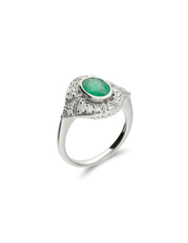 Anillo Oro Blanco, Esmeralda Y Diamantes