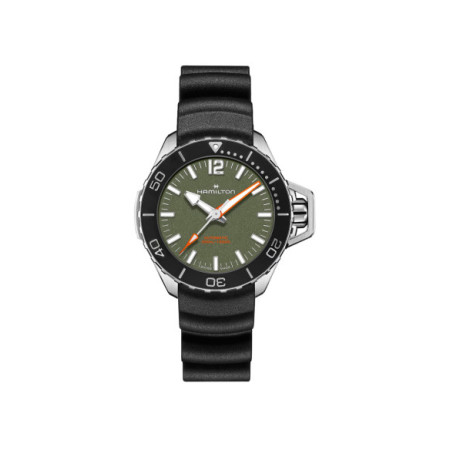 Reloj Hamilton Khaky Navy Frogman Auto H77455360. Género: Hombre. Material: Acero. Tamaño: De 39mm a 42mm. Correa: Caucho. Color esfera: Verde. Estilo: Casual. Movimiento: Automático. Características técnicas: Hora y segundero,Reserva de marcha