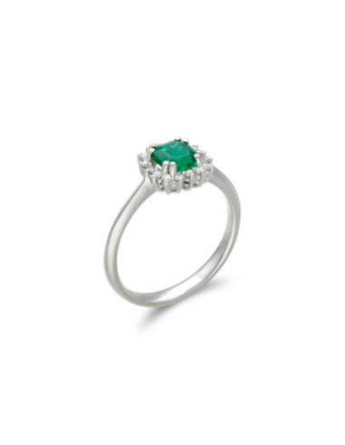 Anillo Oro Blanco, Esmeralda Y Diamantes