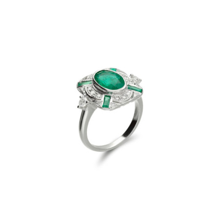 Anillo Oro Blanco, Esmeralda Y Diamantes. Género: Mujer. Material: Oro blanco. Piedras: Esmeraldas,Diamantes