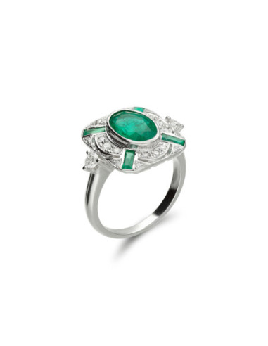 Anillo Oro Blanco, Esmeralda Y Diamantes