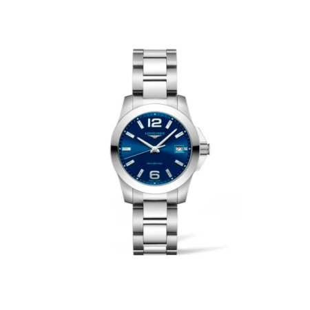 Reloj Longines Conquest L3.377.4.96.6. Género: Mujer. Material: Acero. Tamaño: De 32mm a 38mm. Correa: Acero. Color esfera: Azul. Estilo: Casual. Movimiento: Cuarzo. Características técnicas: Hora y segundero,Calendario