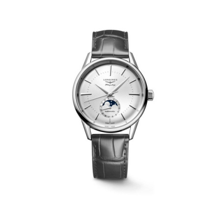 Reloj Longines Flagship Heritage L4.815.4.72.2. Género: Hombre. Material: Acero. Tamaño: De 32mm a 38mm. Correa: Piel. Color esfera: Plata. Estilo: Clásico,Cocktail. Movimiento: Automático. Características técnicas: Hora y segundero,Fases lunares,Reserva de marcha