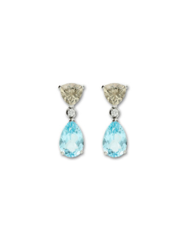 Pendientes Oro Blanco, Amatista, Diamante Y Topacio