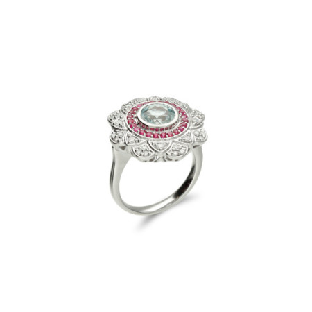 Anillo Oro Blanco, Aguamarina, Diamantes Y Rubíes. Género: Mujer. Material: Oro blanco. Piedras: Rubies,Aguamarinas,Diamantes