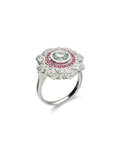 Anillo Oro Blanco, Aguamarina, Diamantes Y Rubíes