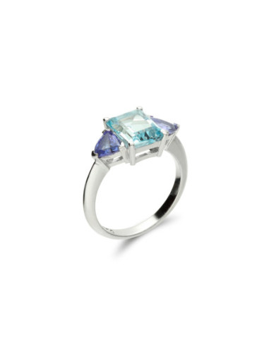 Anillo Oro Blanco, Aguamarina Y Tanzanitas